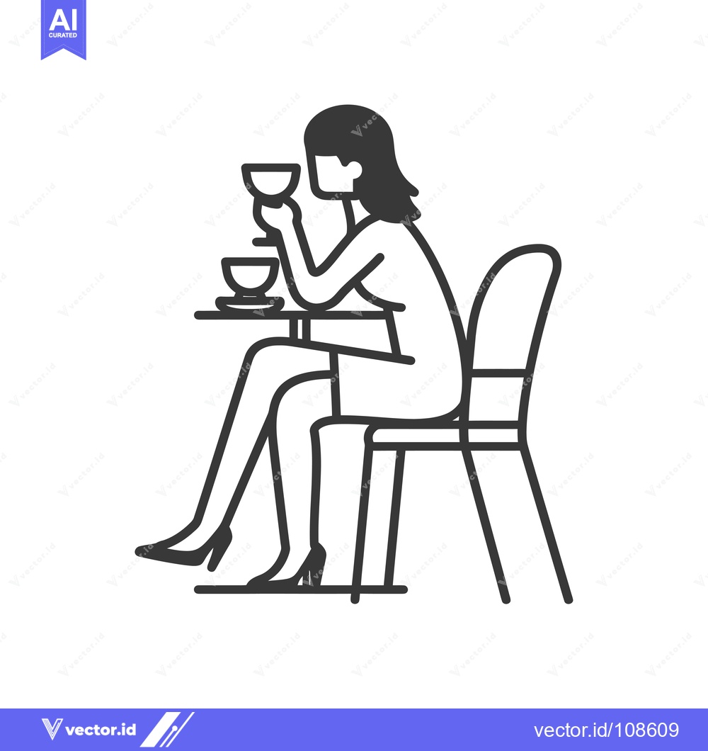Premium Vector dari Woman Drinking Coffee at a Table with a Chair