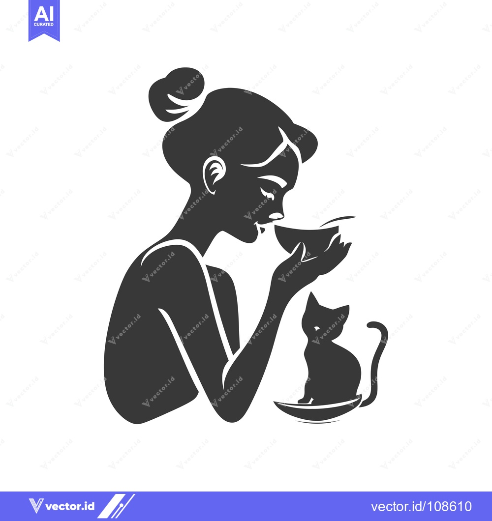 Premium Vector of Woman Drinking Tea With a Cat Beside Her