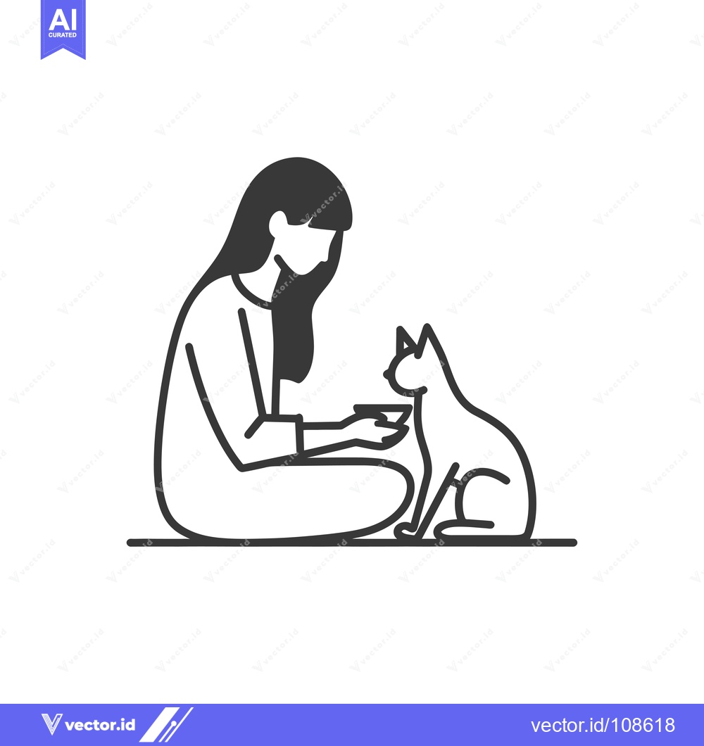 Premium Vector of Woman Feeding Pet Cat from Bowl