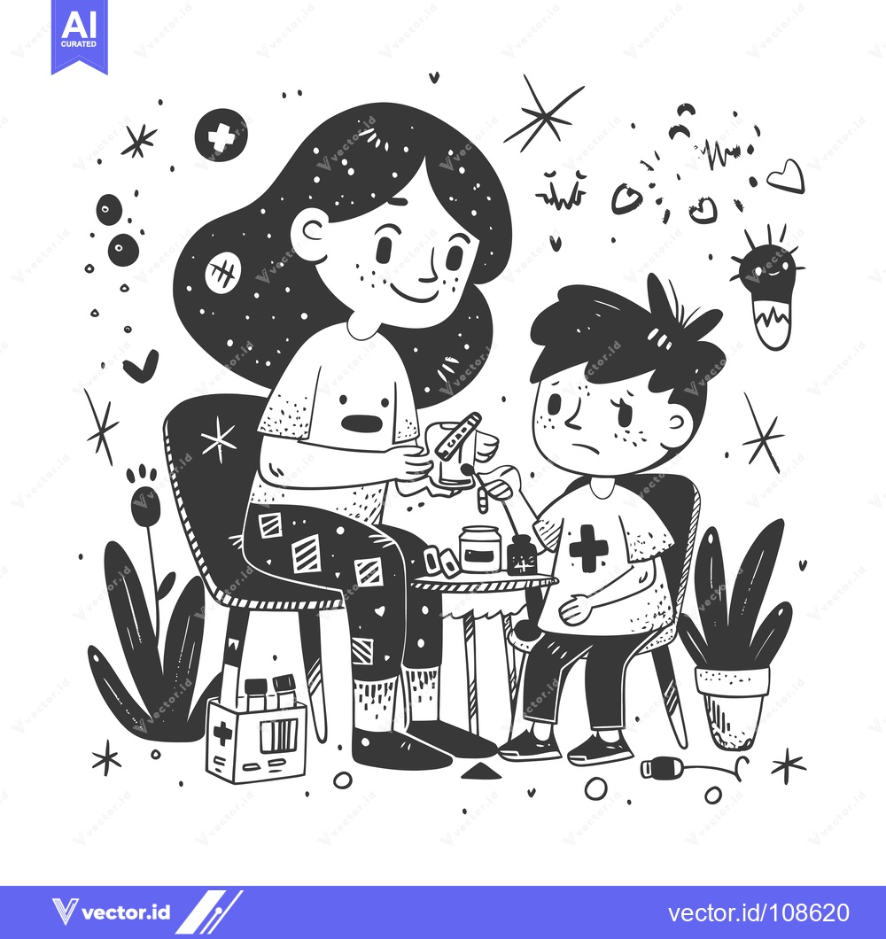Premium Vector dari Woman Giving Medicine to a Boy in a Hand-Drawn Style
