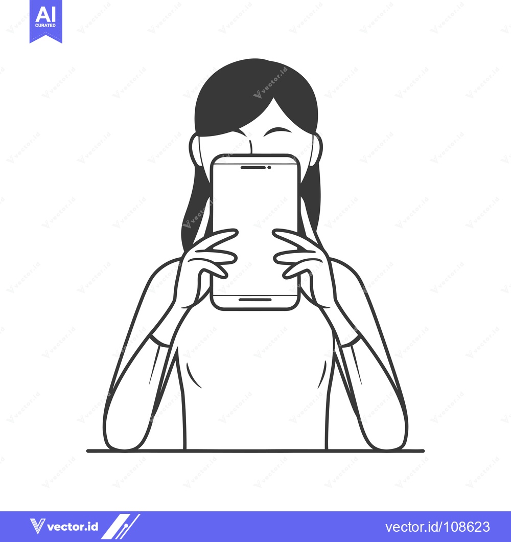 Premium Vector of Woman Hiding Behind Smartphone, Line Art Illustration