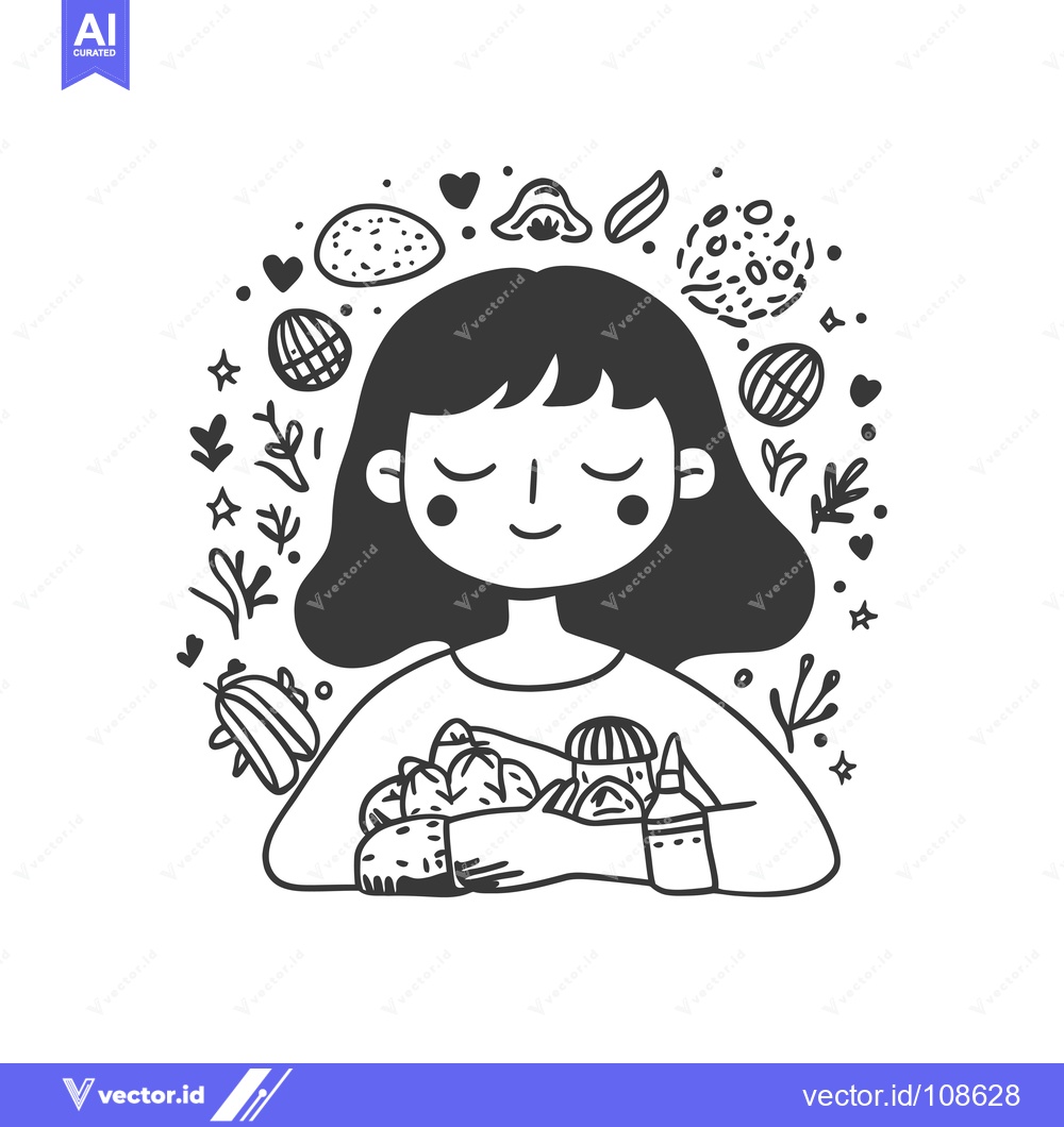 Premium Vector dari A Woman Holding a Bunch of Fruit and a Bottle of Liquid Surrounded by