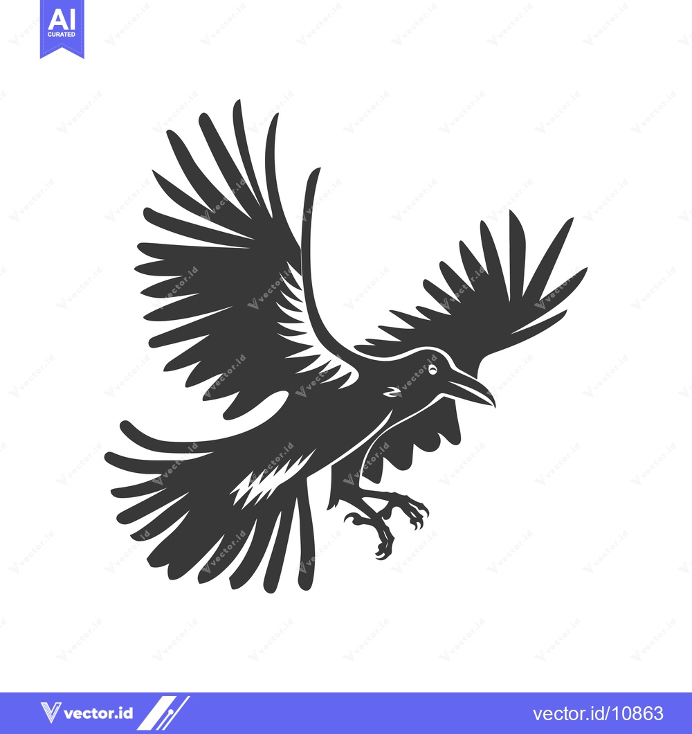Premium Vector dari A black silhouette of a crow in mid-flight with its wings outstretched