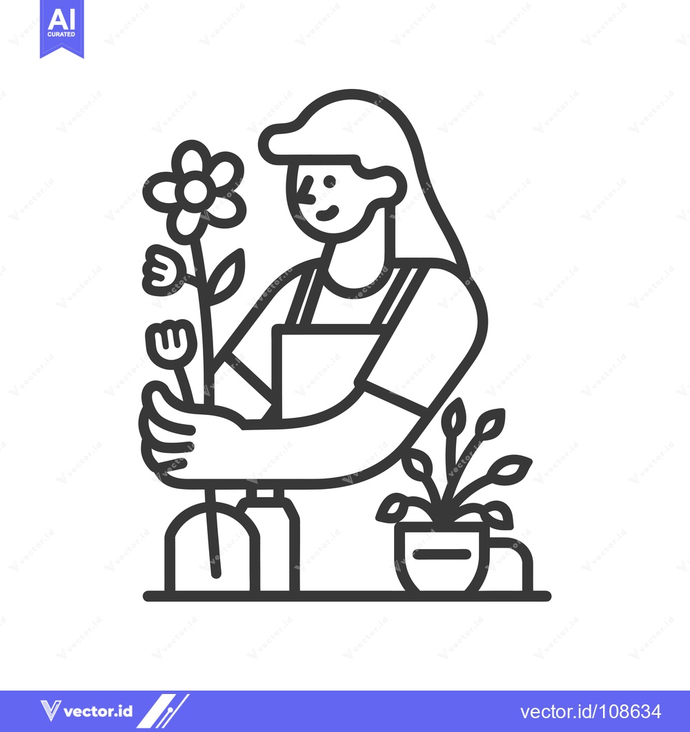 Premium Vector dari Woman Holding a Flower and Standing Near a Potted Plant
