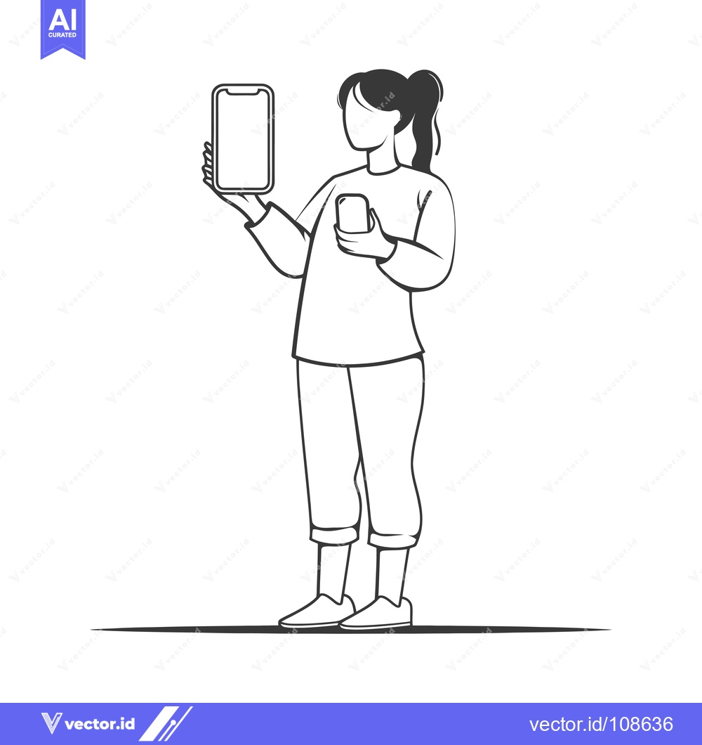 Premium Vector of Woman Holding and Looking at a Smartphone