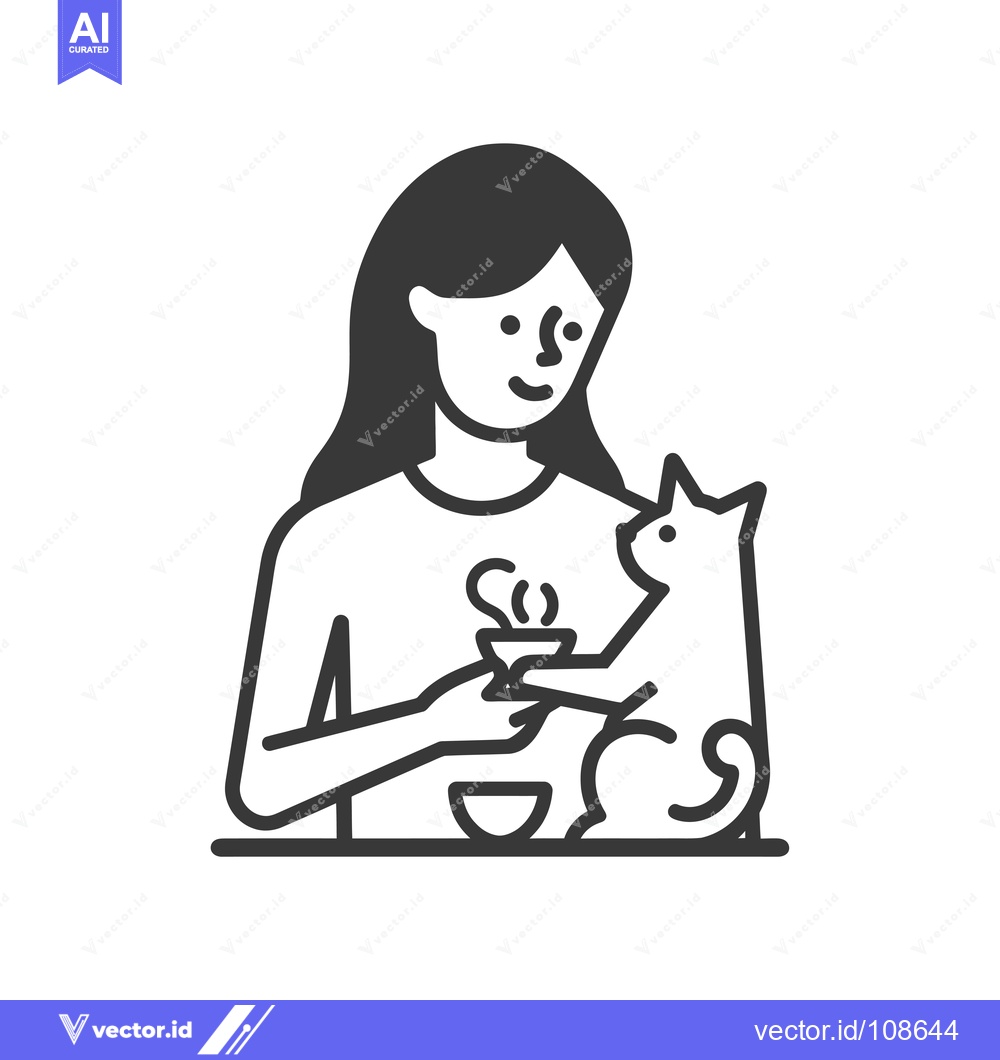 Premium Vector of Woman holding a steaming bowl with a cat by her side