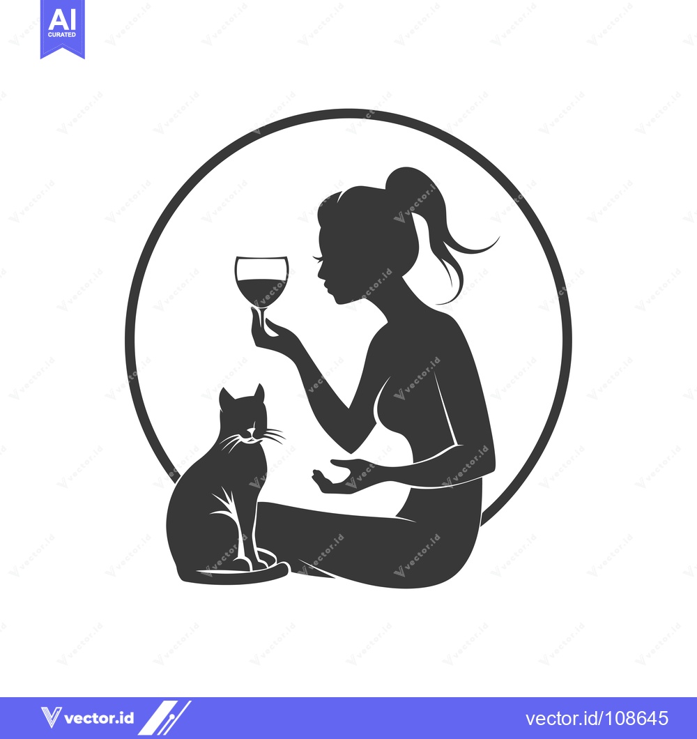Premium Vector of Woman Holding a Wine Glass with a Cat Beside Her