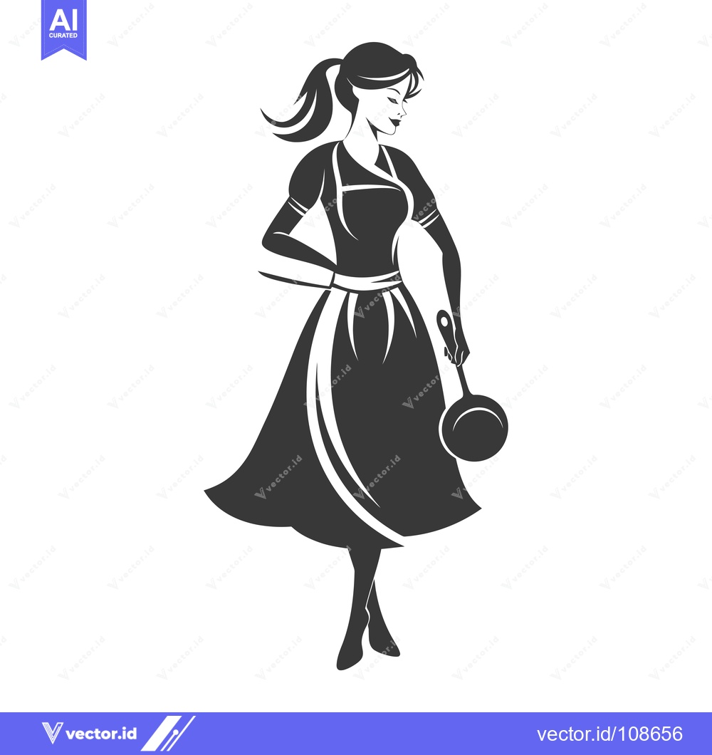 Premium Vector of Woman in a Dress Holding a Frying Pan