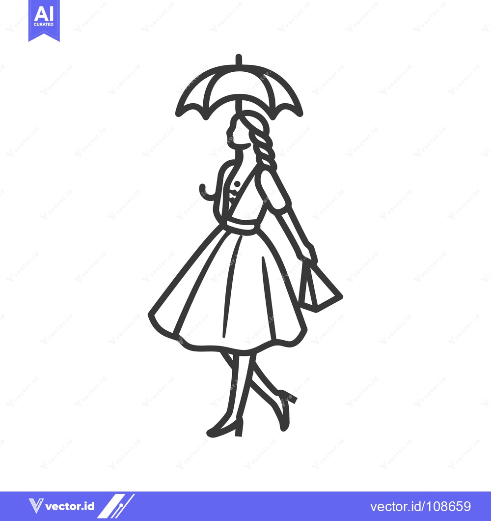 Premium Vector dari Woman in a Dress Walking with an Umbrella