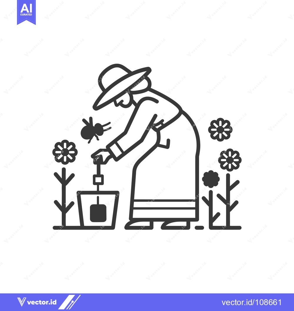 Premium Vector dari Woman in a Hat Planting a Flower in a Garden