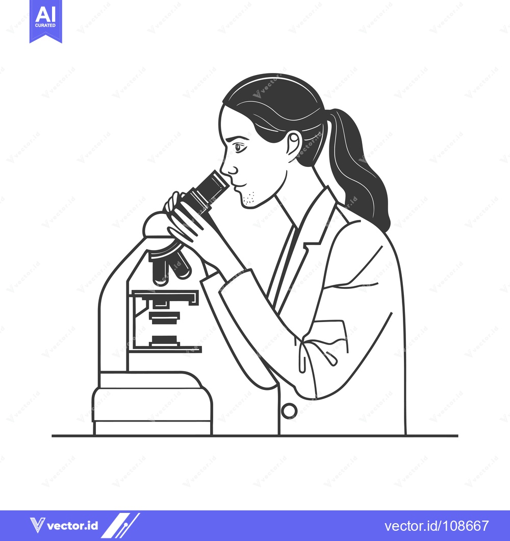 Premium Vector of Woman in a lab coat looking through a microscope
