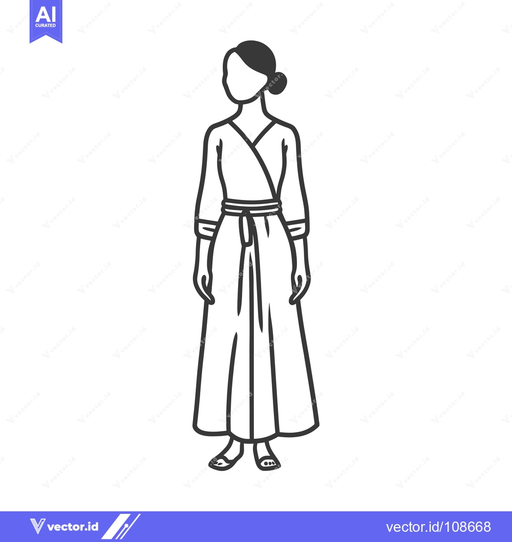Premium Vector of Woman in a long, belted, wrap dress, standing with her arms at her sid