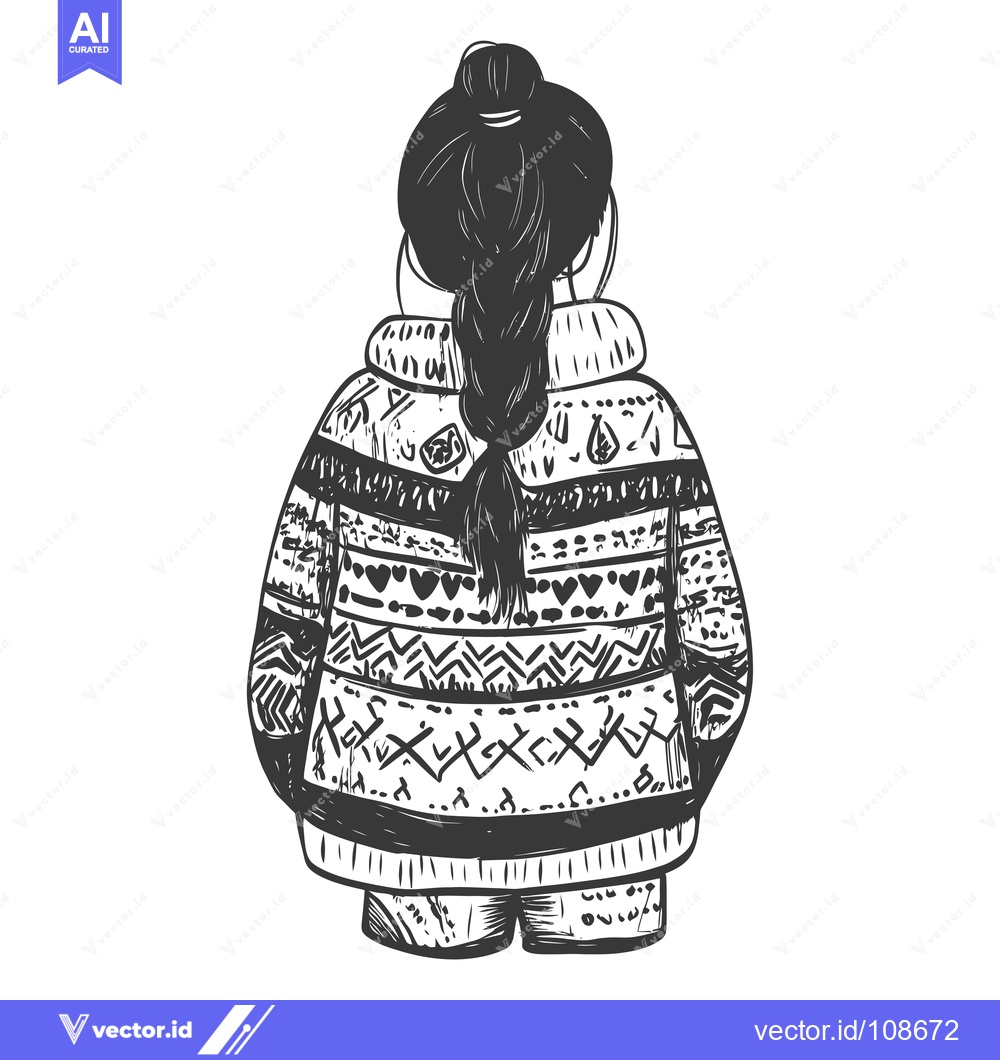 Premium Vector of Woman in a patterned sweater with a braided ponytail, viewed from behi