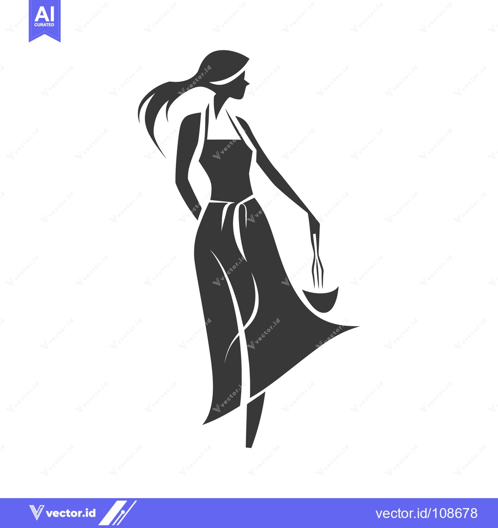 Premium Vector of Woman in Apron Holding Whisk and Bowl, Stylized Silhouette