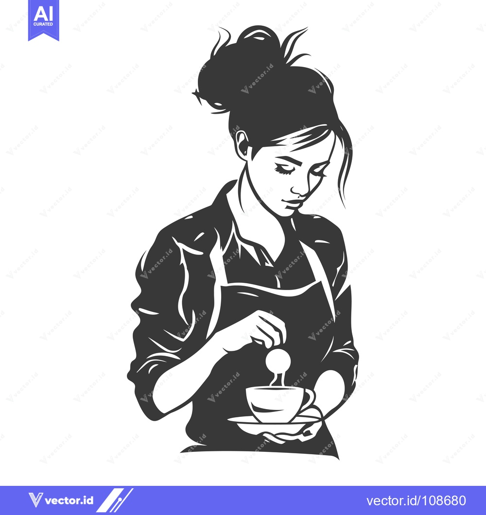 Premium Vector of Woman in Apron Serving a Cup of Coffee with Steam