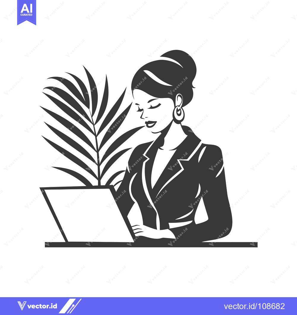 Premium Vector of Woman in a Suit Using a Laptop with Palm Leaves