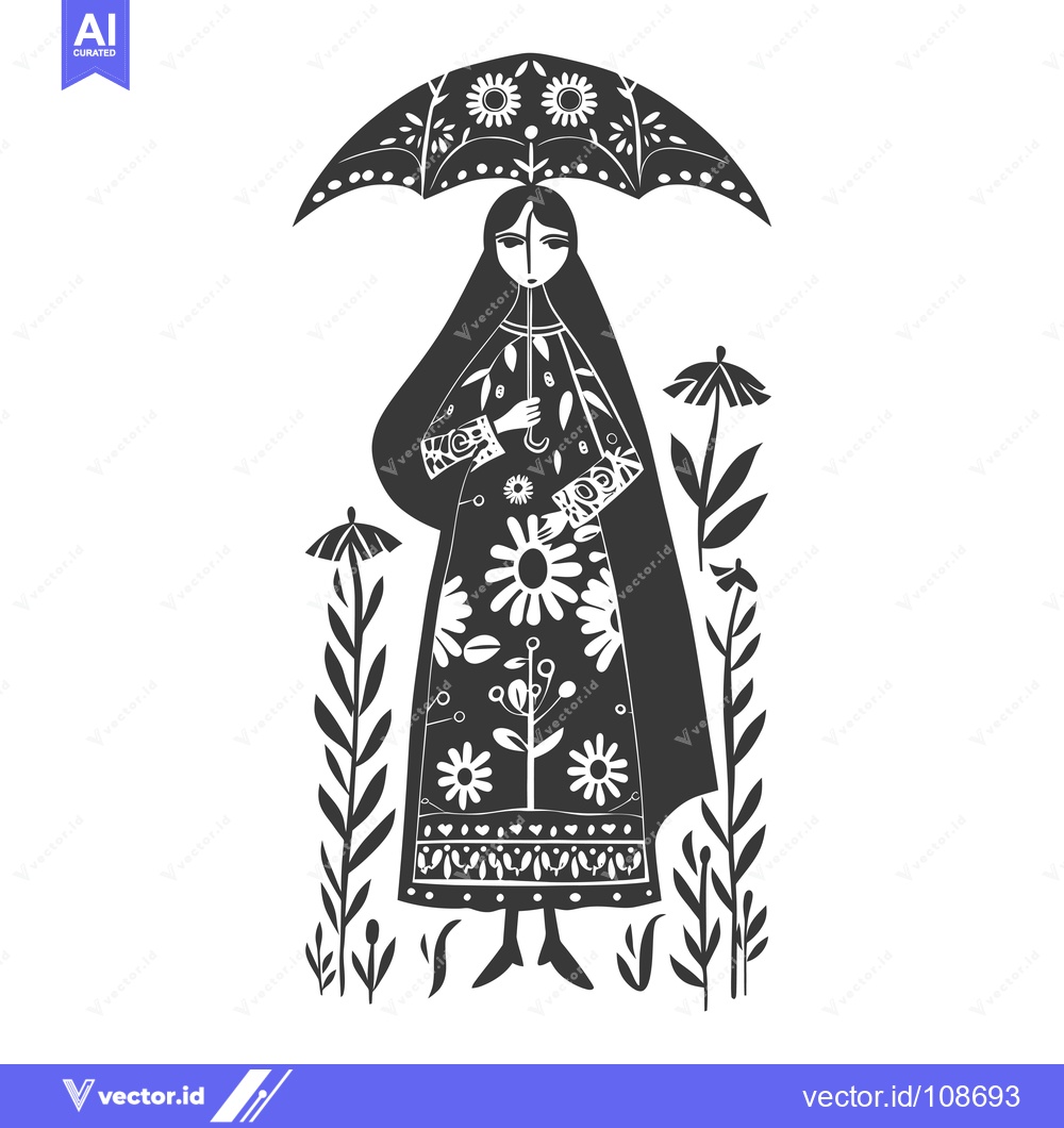 Premium Vector of Woman in floral dress holding an umbrella with floral pattern