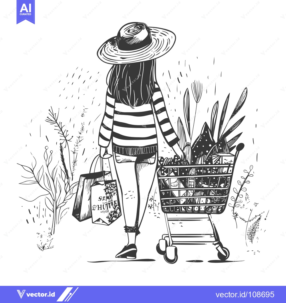 Premium Vector of Woman in Hat Pushing a Shopping Cart Filled with Groceries