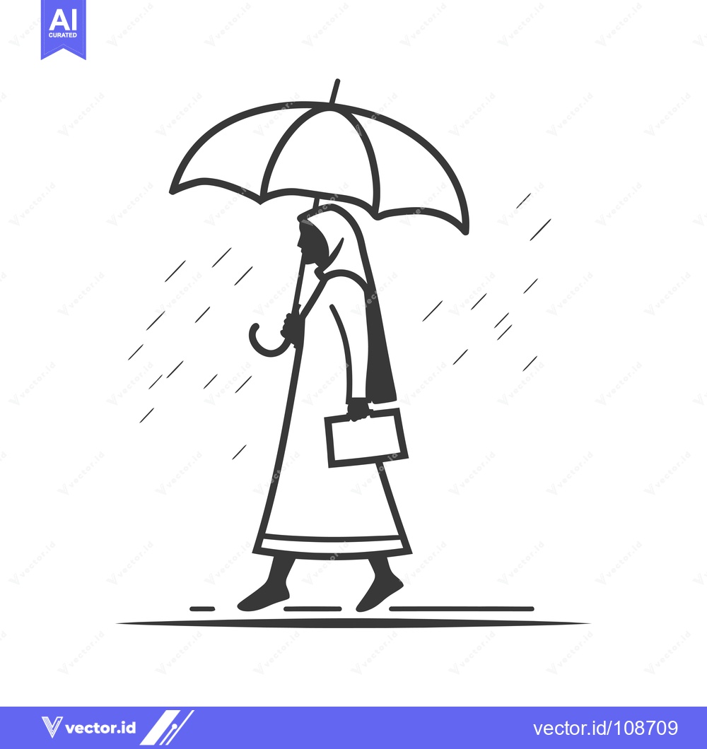 Premium Vector of Woman in Hijab Walking with Umbrella in the Rain