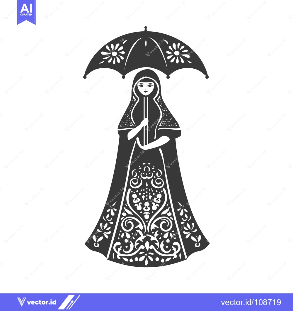 Premium Vector of Woman in ornate dress holding umbrella with floral design