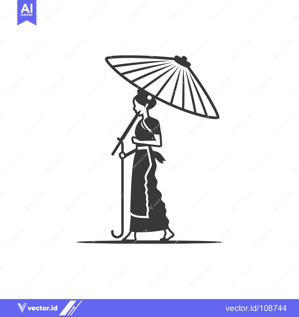 Premium Vector of Woman in Traditional Clothing Walking with an Umbrella
