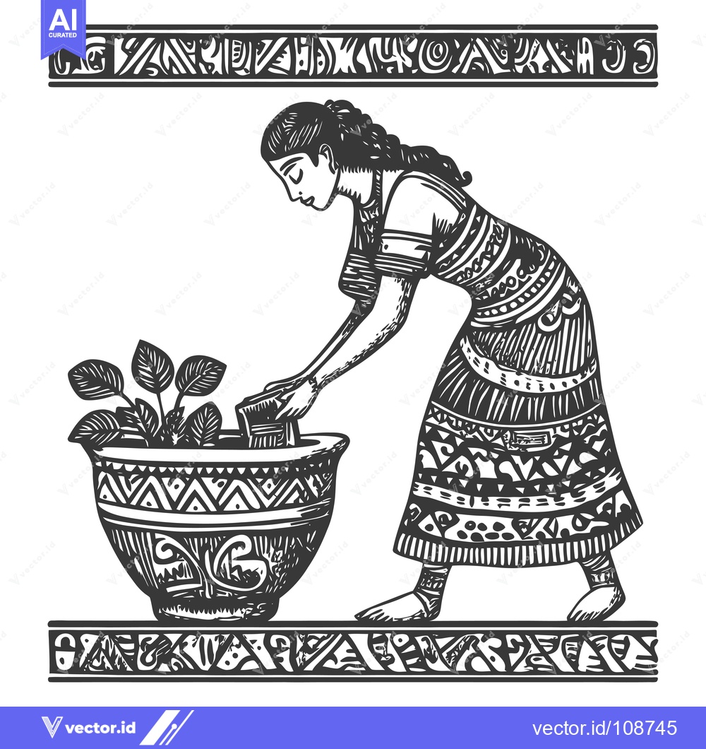Premium Vector dari Woman in Traditional Clothing Watering a Plant in a Decorative Pot