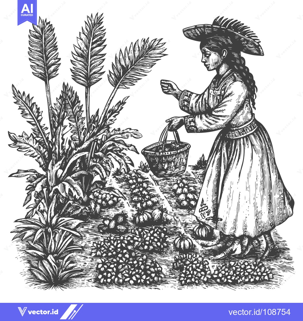 Premium Vector of Woman in Traditional Dress Watering Plants with a Bucket