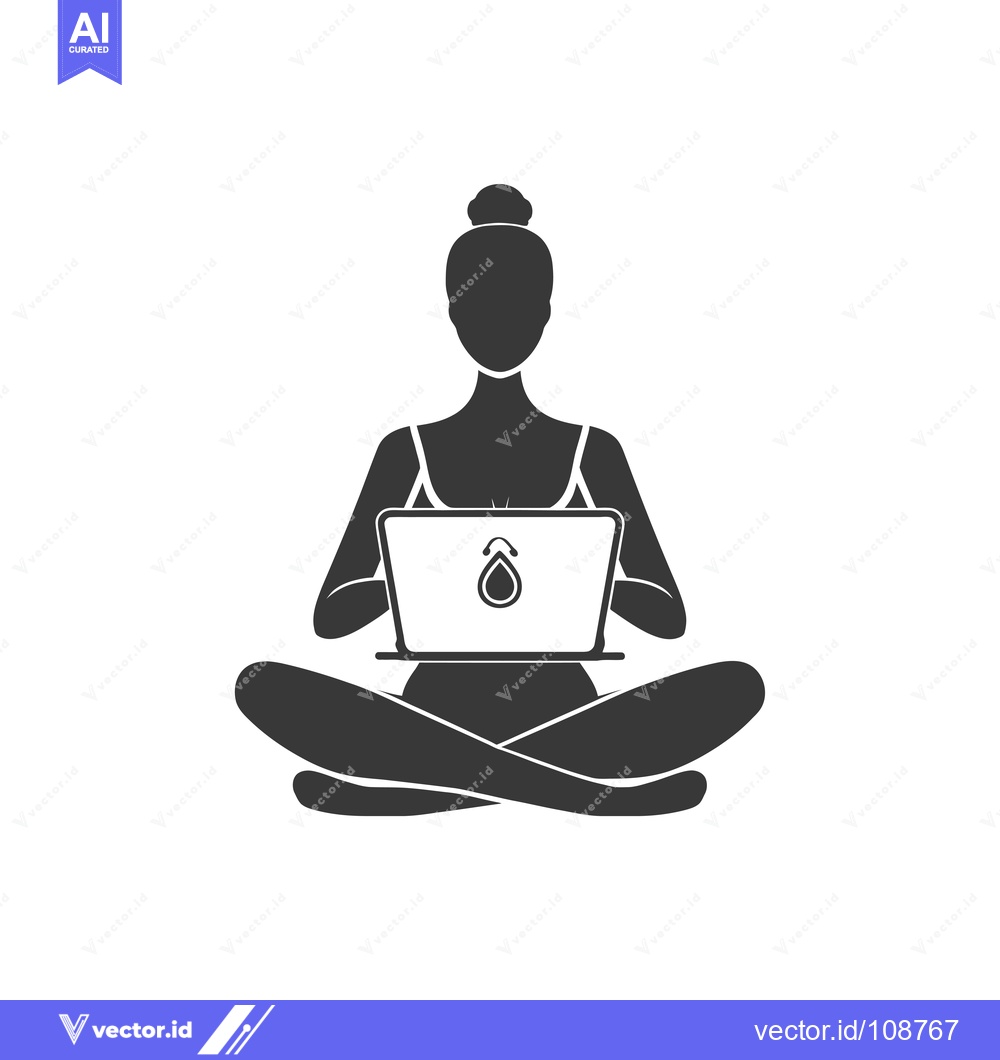Premium Vector dari Woman in Yoga Pose Using Laptop with Water Drop Logo