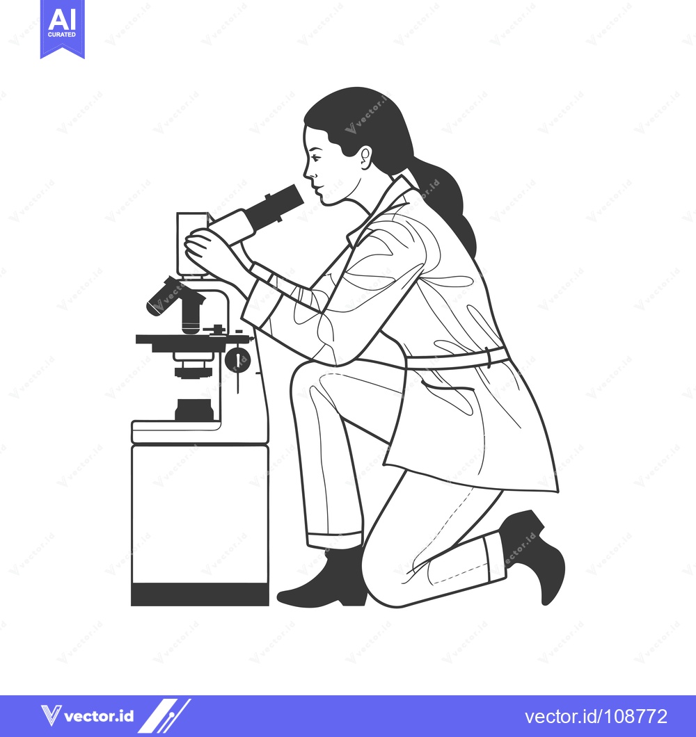 Premium Vector of Woman Kneeling and Examining a Specimen Under a Microscope