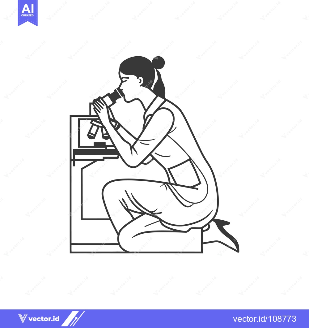 Premium Vector of Woman kneeling and looking through a microscope