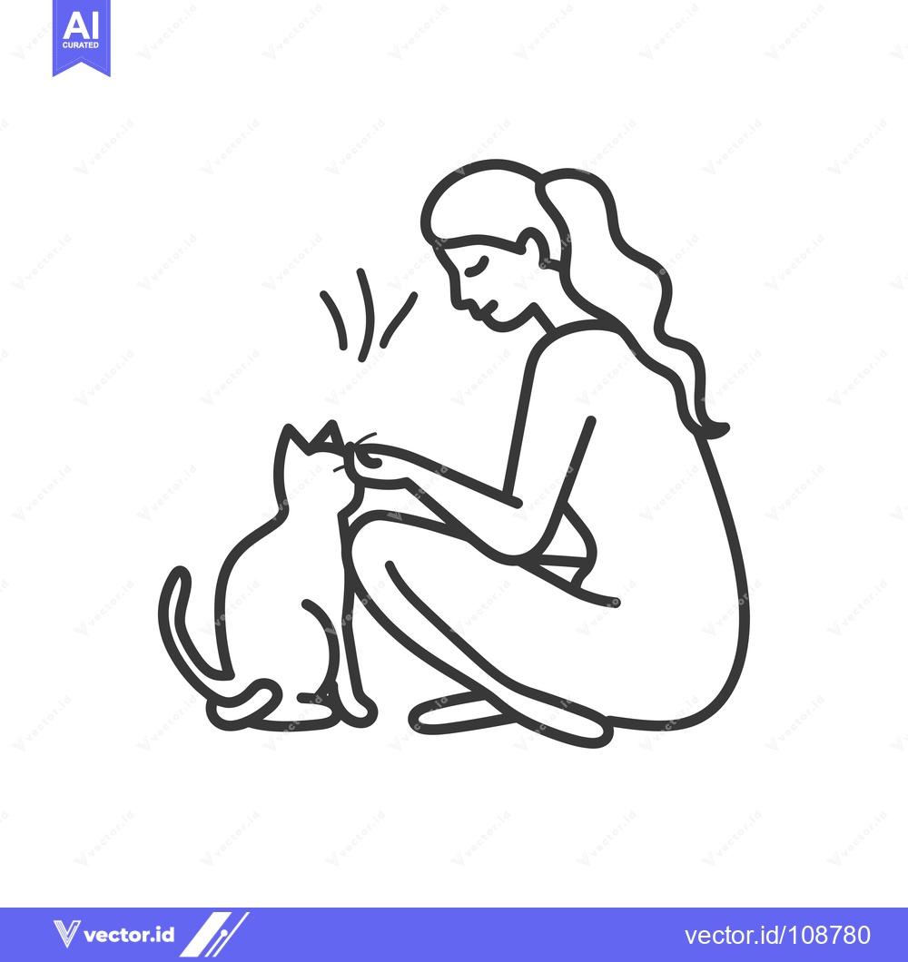 Premium Vector of Woman petting a cat sitting on the floor