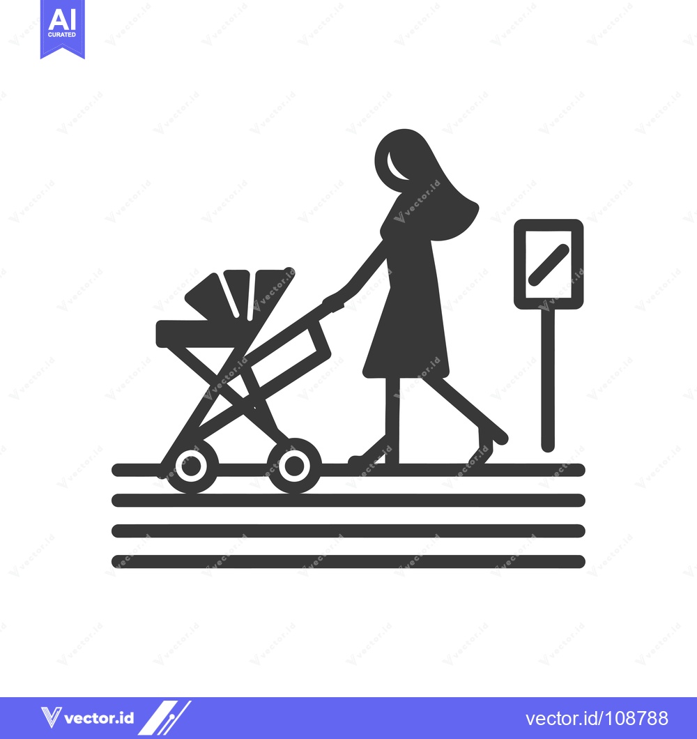 Premium Vector of Woman Pushing a Baby Stroller at a Bus Stop