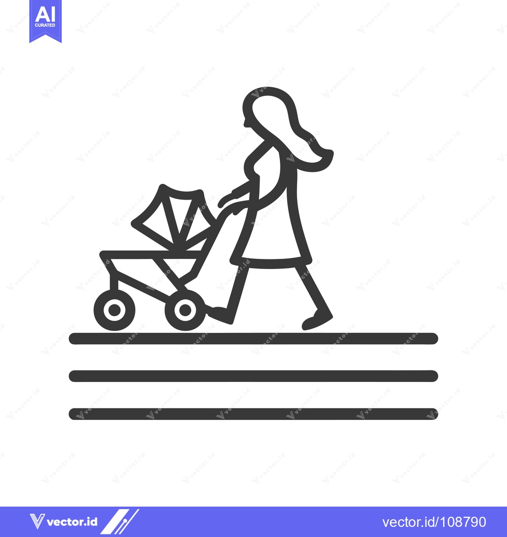 Premium Vector of Woman Pushing a Baby Stroller on a Sidewalk