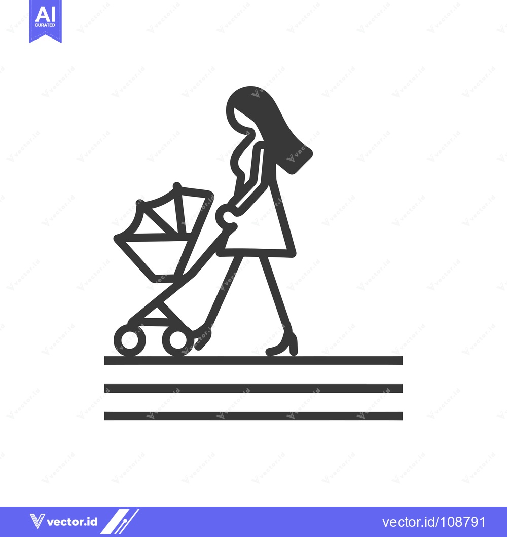 Premium Vector of Woman Pushing a Baby Stroller on a Sidewalk