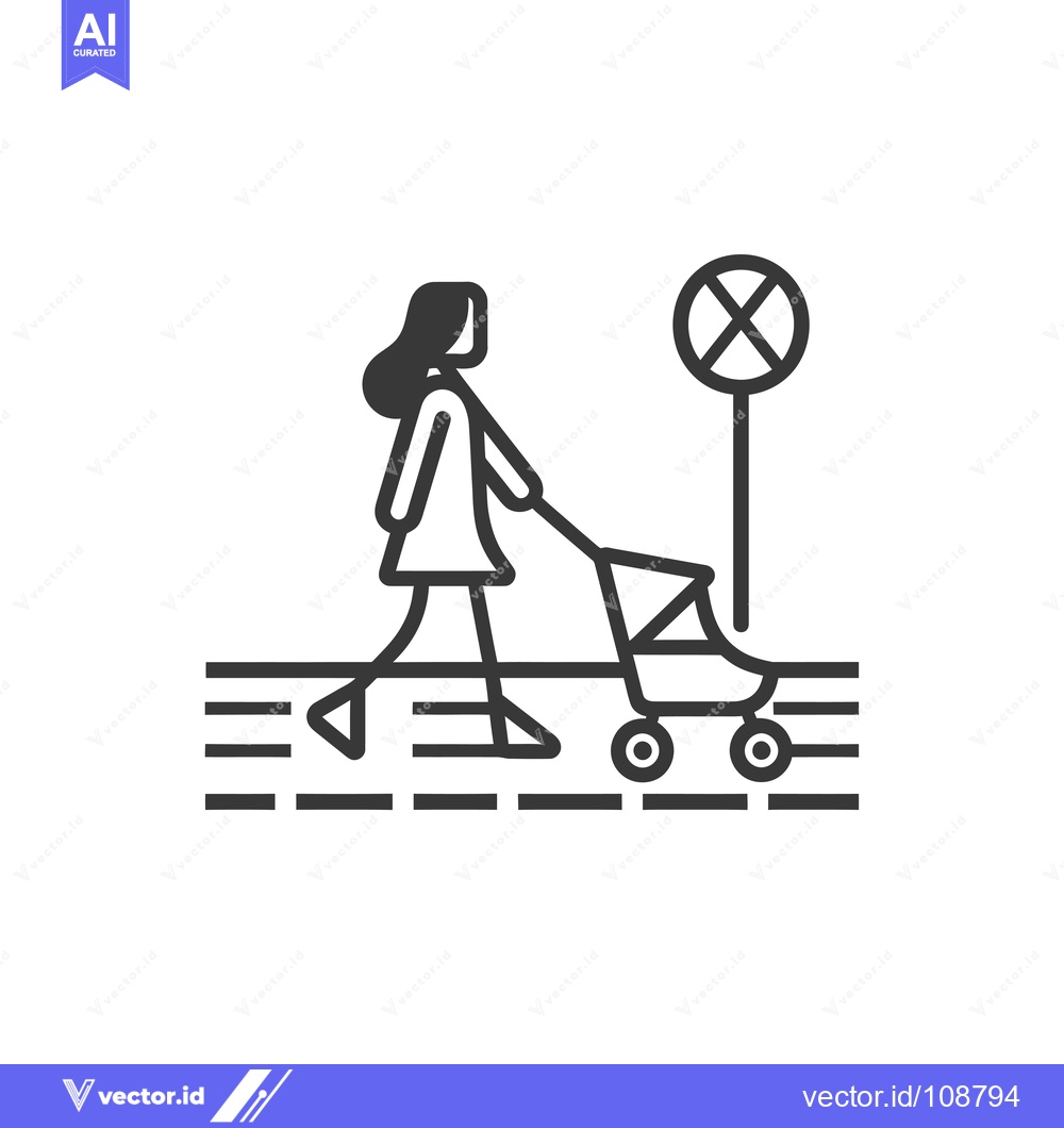 Premium Vector dari Woman Pushing a Stroller Across a Crosswalk with a No Vehicles Sign