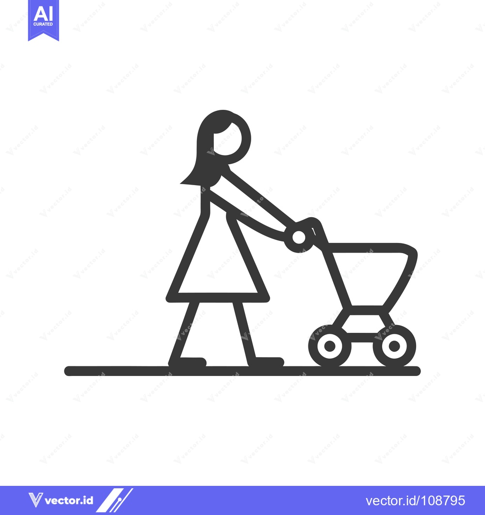 Premium Vector of Woman Pushing a Stroller, Line Drawing