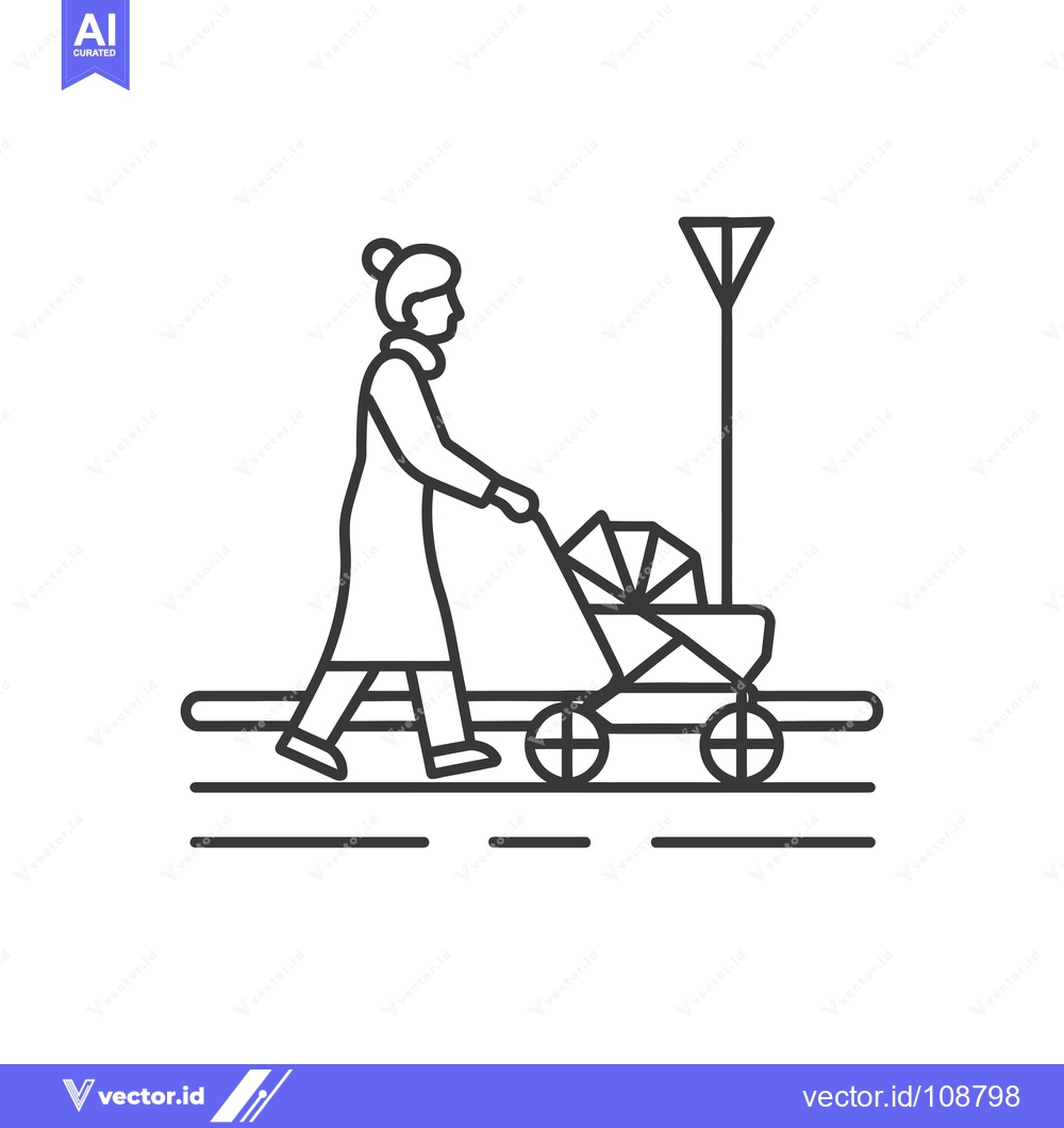 Premium Vector of Woman pushing a stroller with a child on the sidewalk