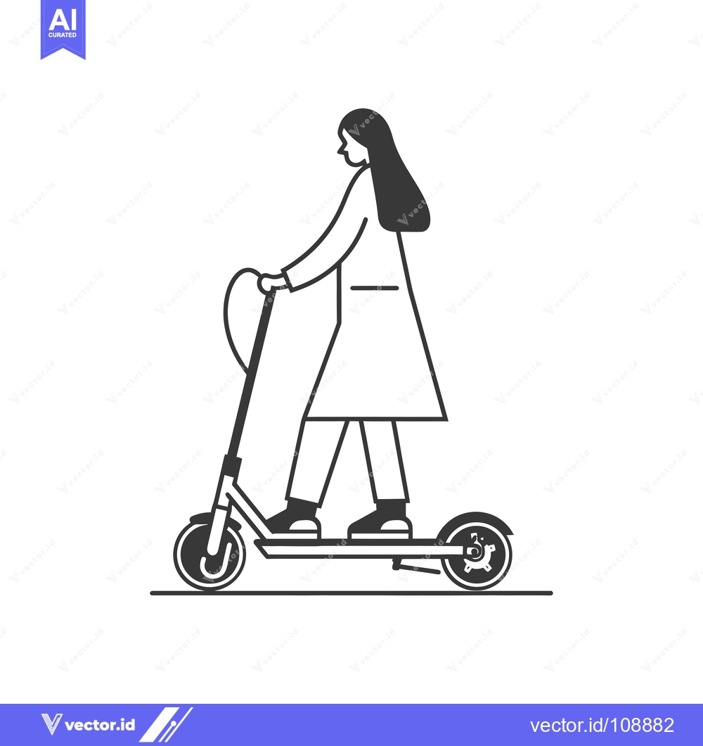Premium Vector of Woman riding an electric scooter, outlined in black