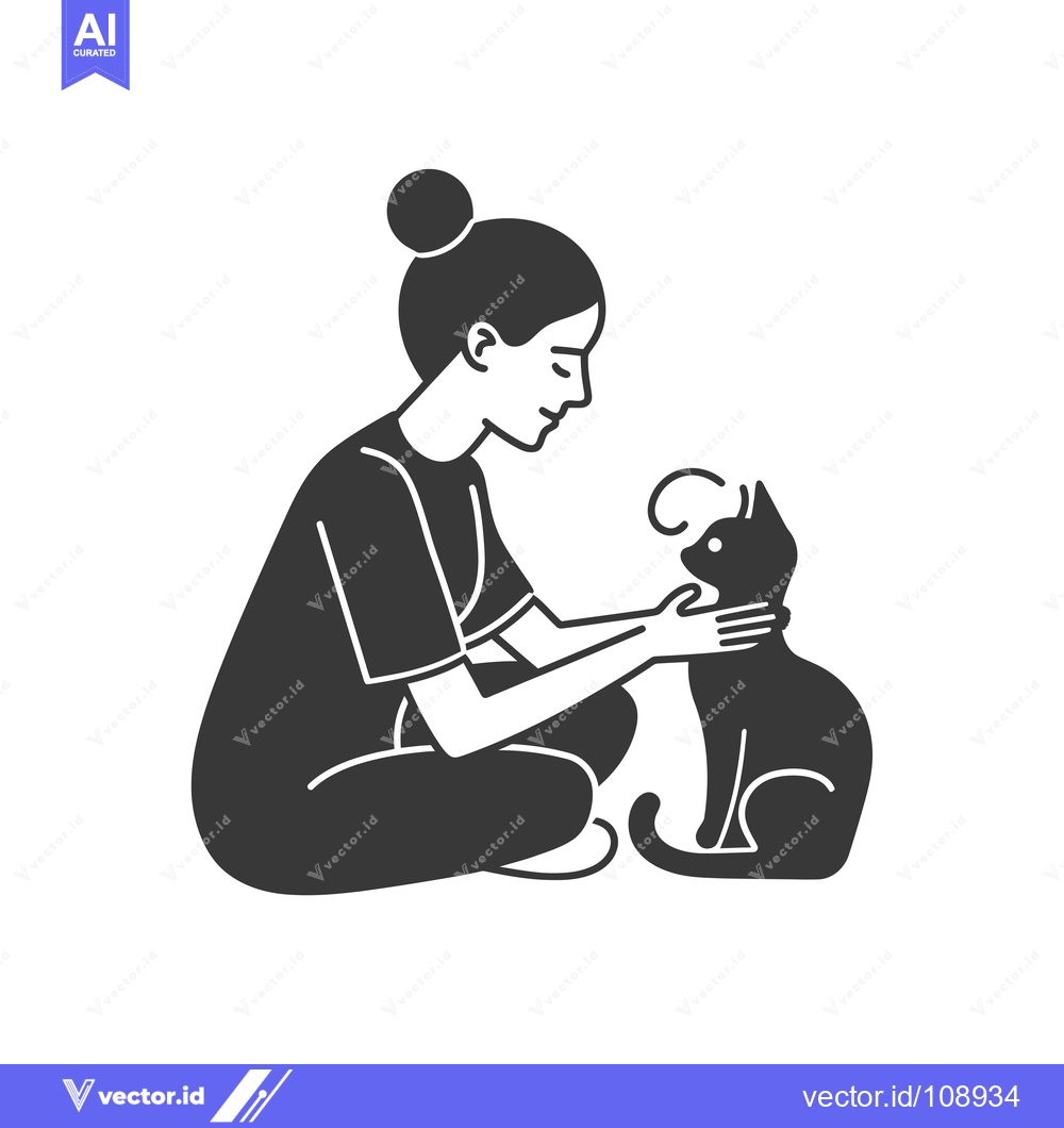 Premium Vector dari Woman Sitting and Petting a Black Cat