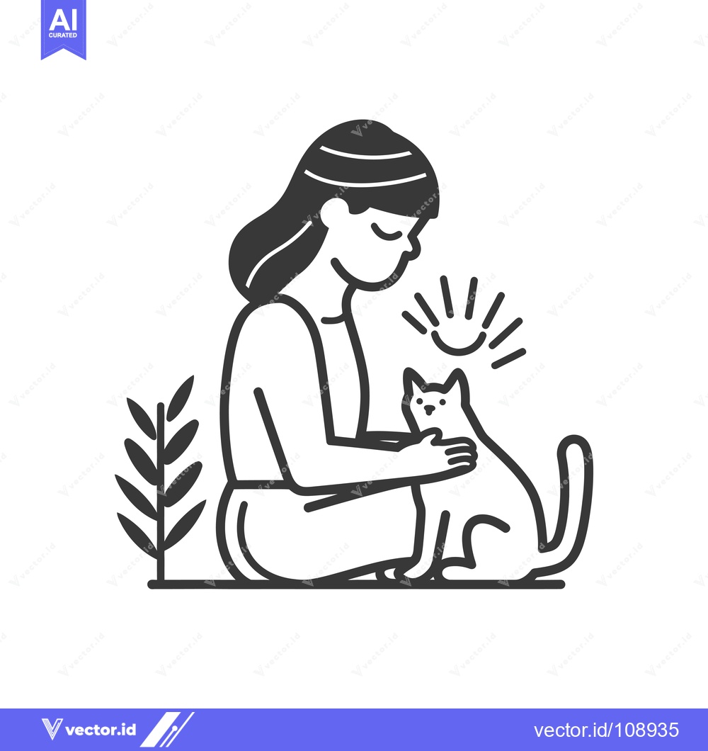 Premium Vector dari Woman Sitting and Stroking a Cat with a Plant in the Background