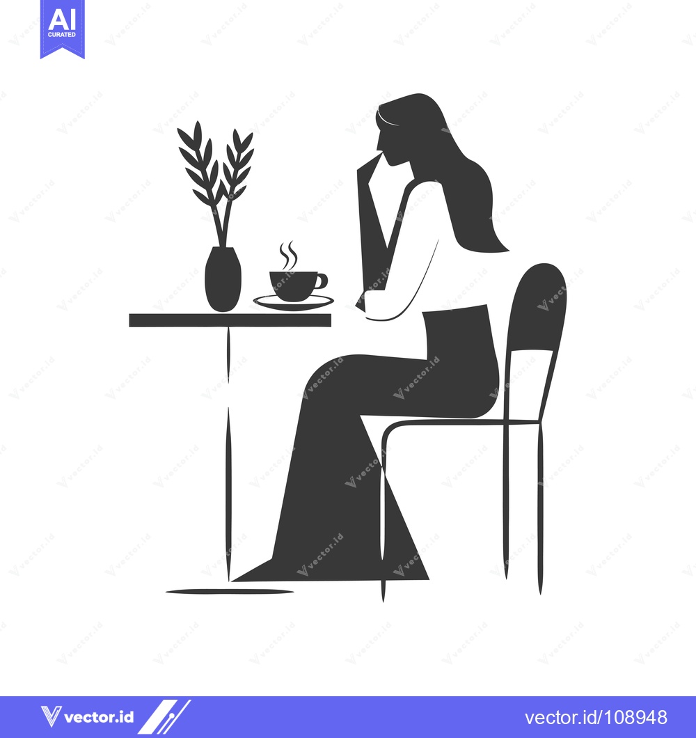 Premium Vector of Woman Sitting at a Table with a Cup of Coffee and a Plant