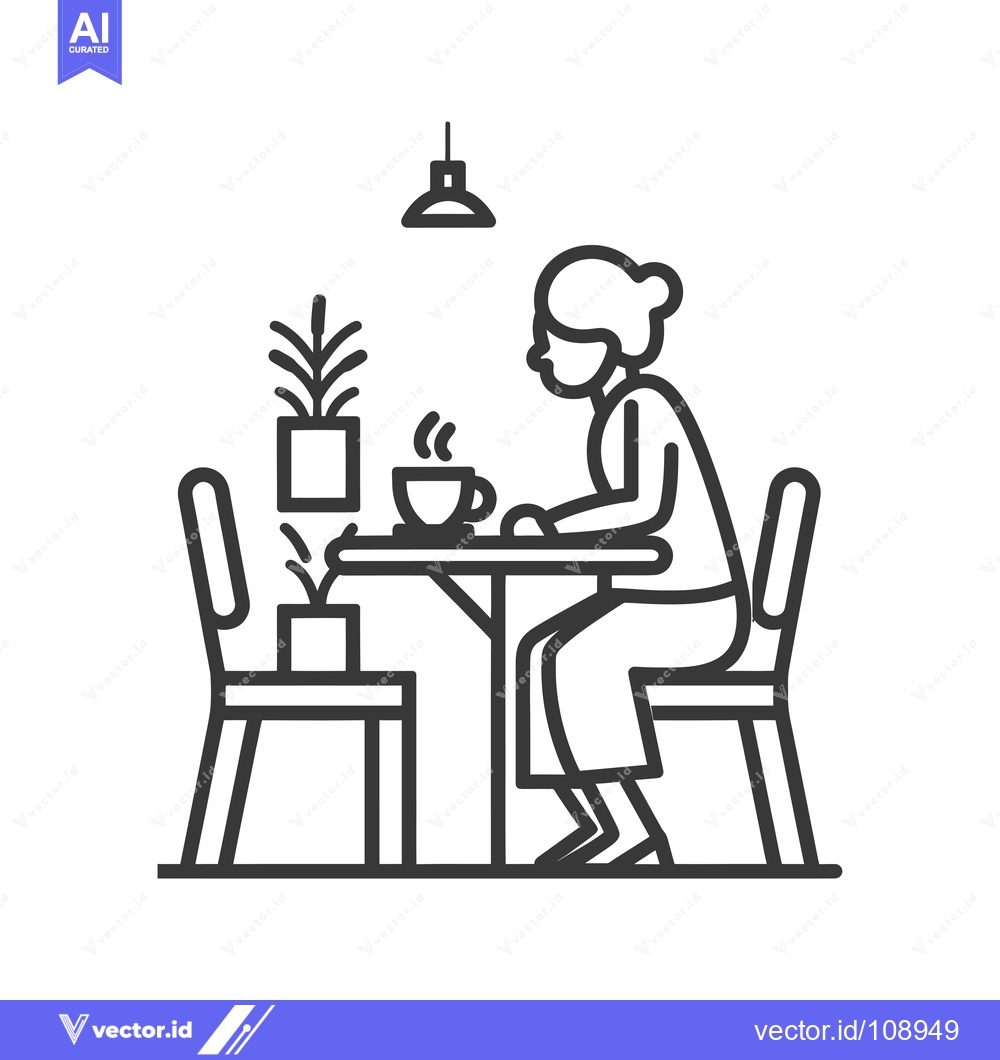 Premium Vector dari Woman Sitting at a Table with a Cup of Coffee and Plants