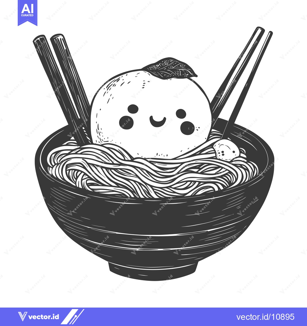 Premium Vector dari A Bowl of Noodles with a Smiling Egg and Chopsticks