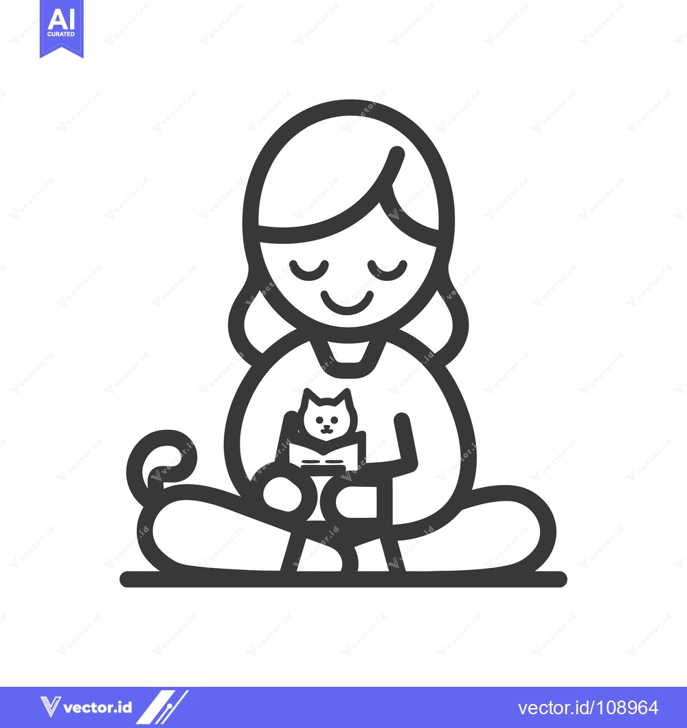 Premium Vector dari Woman Sitting in a Lotus Position Holding a Cat in a Book