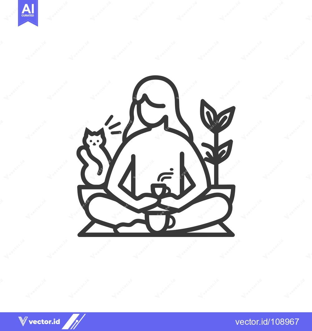 Premium Vector dari Woman Sitting in Lotus Pose with Cat and Cup of Tea