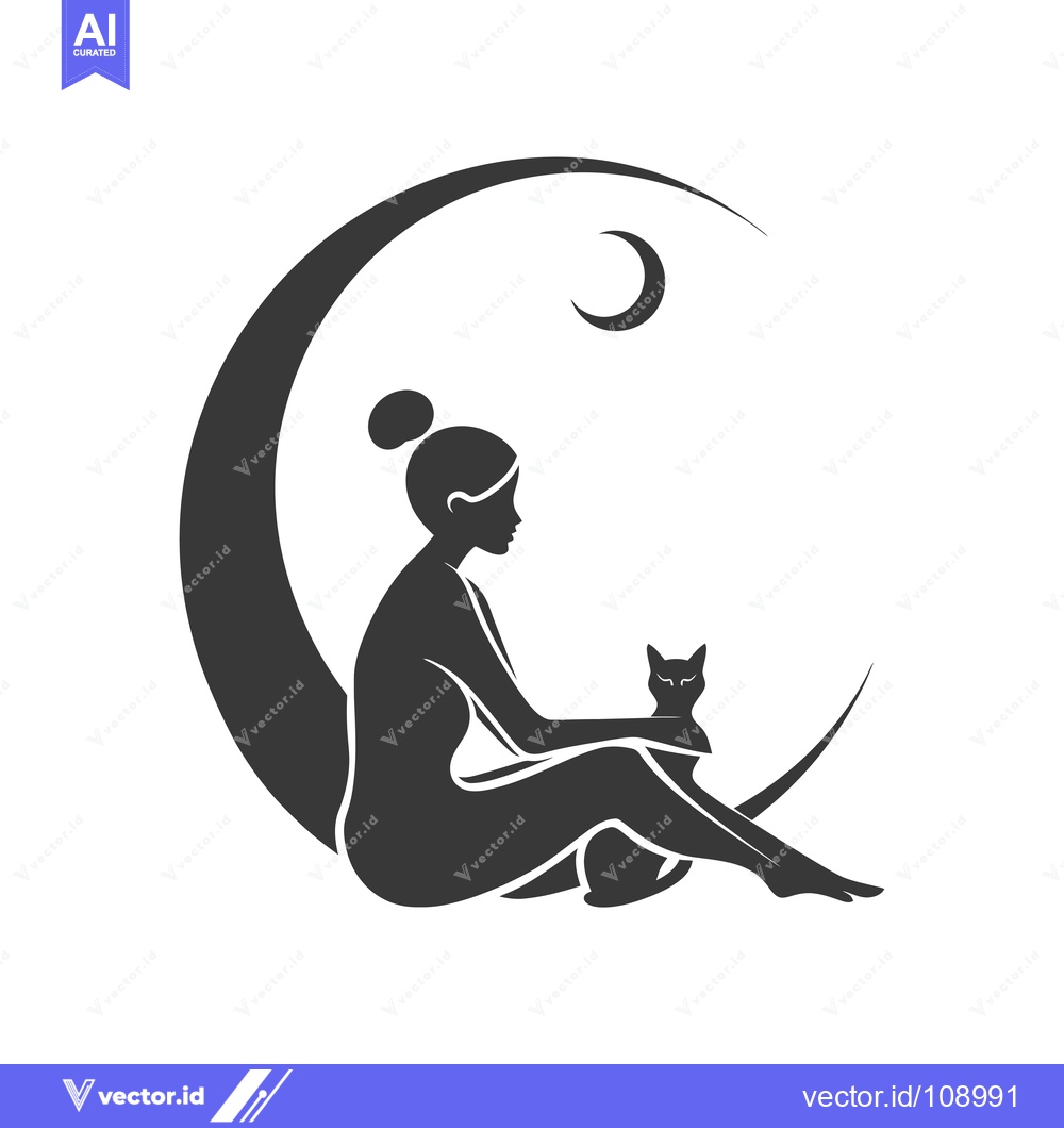 Premium Vector dari Woman Sitting on a Crescent Moon with a Cat