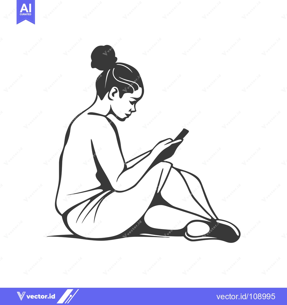 Premium Vector of Woman Sitting with Bun and Smartphone