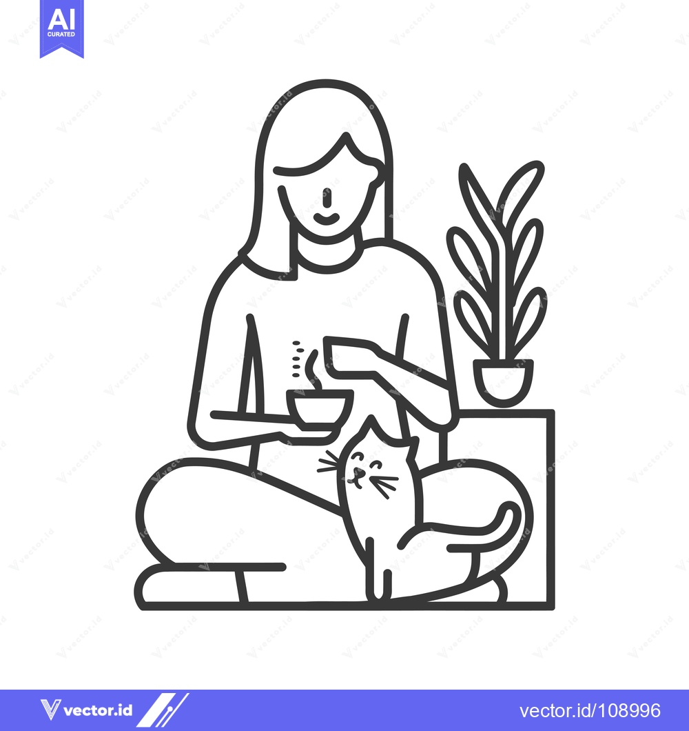 Premium Vector dari Woman Sitting with Cat and Drinking Tea