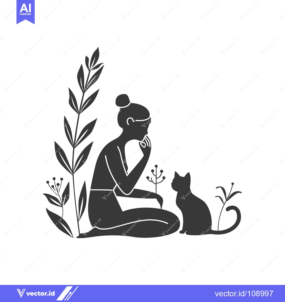 Premium Vector dari Woman Sitting with Cat and Plants in Silhouette