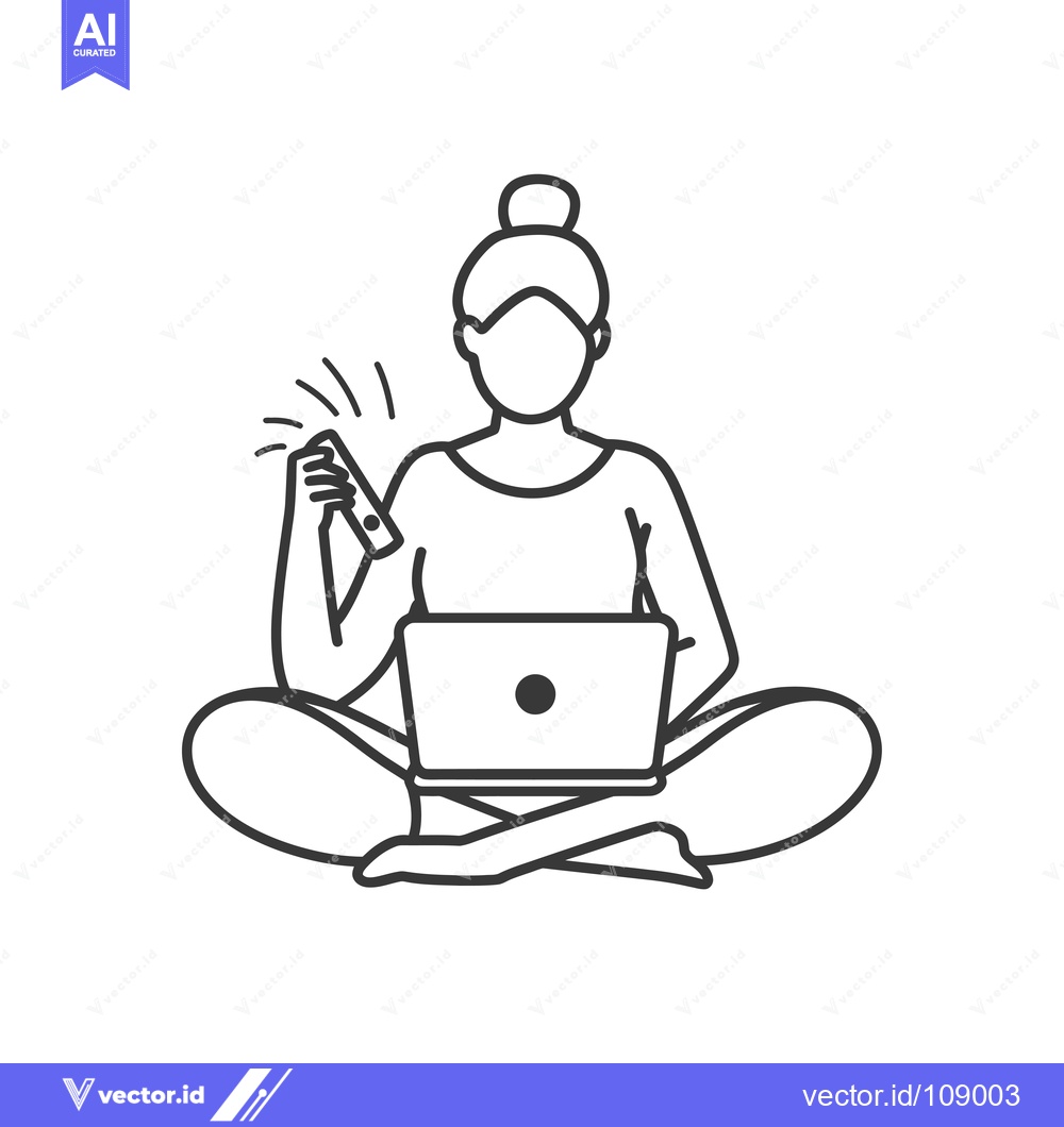 Premium Vector dari Woman sitting with laptop and phone in hand